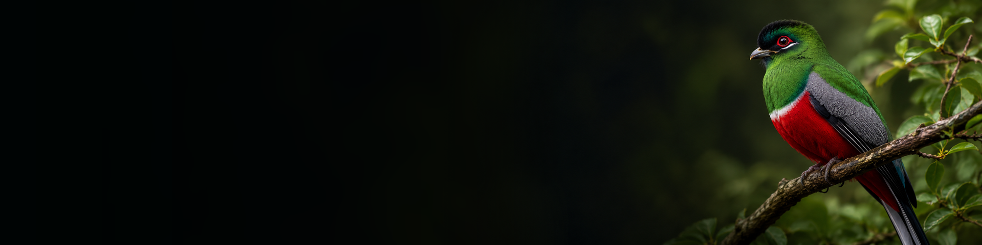 Narina trogon in a dark forest setting