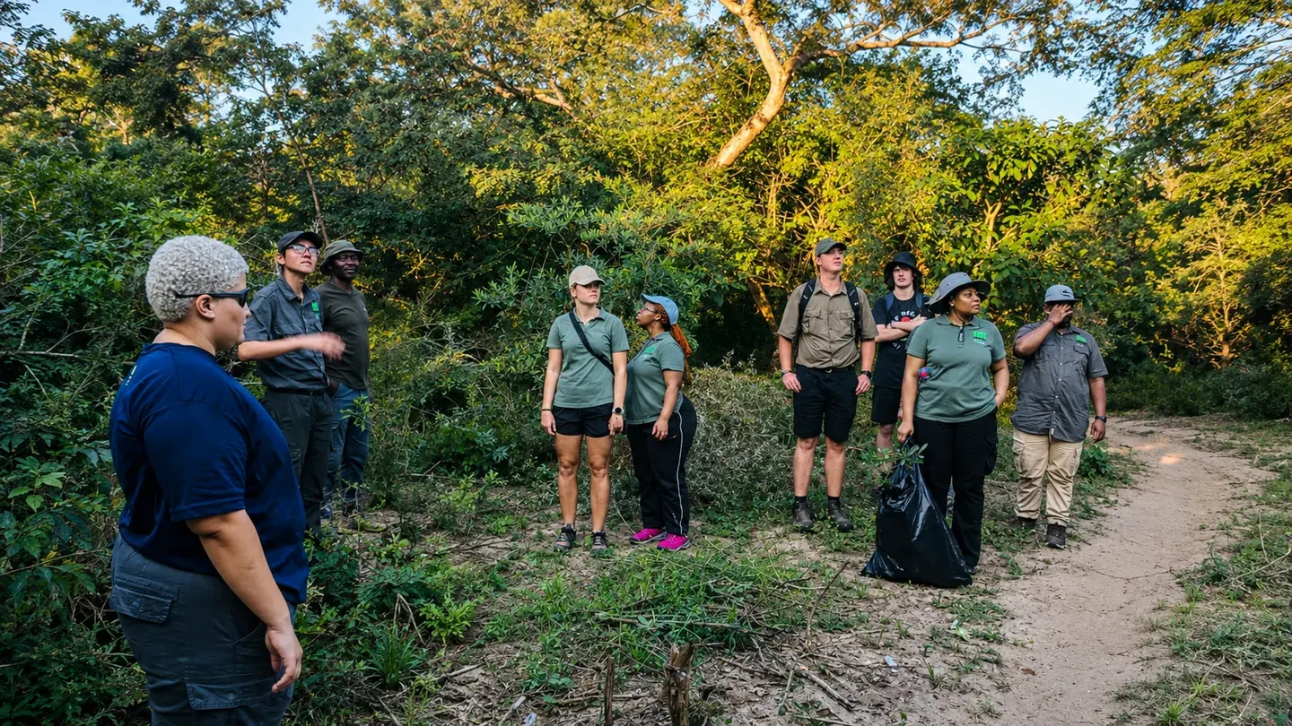 Birding group gathered on a shaded forest trail