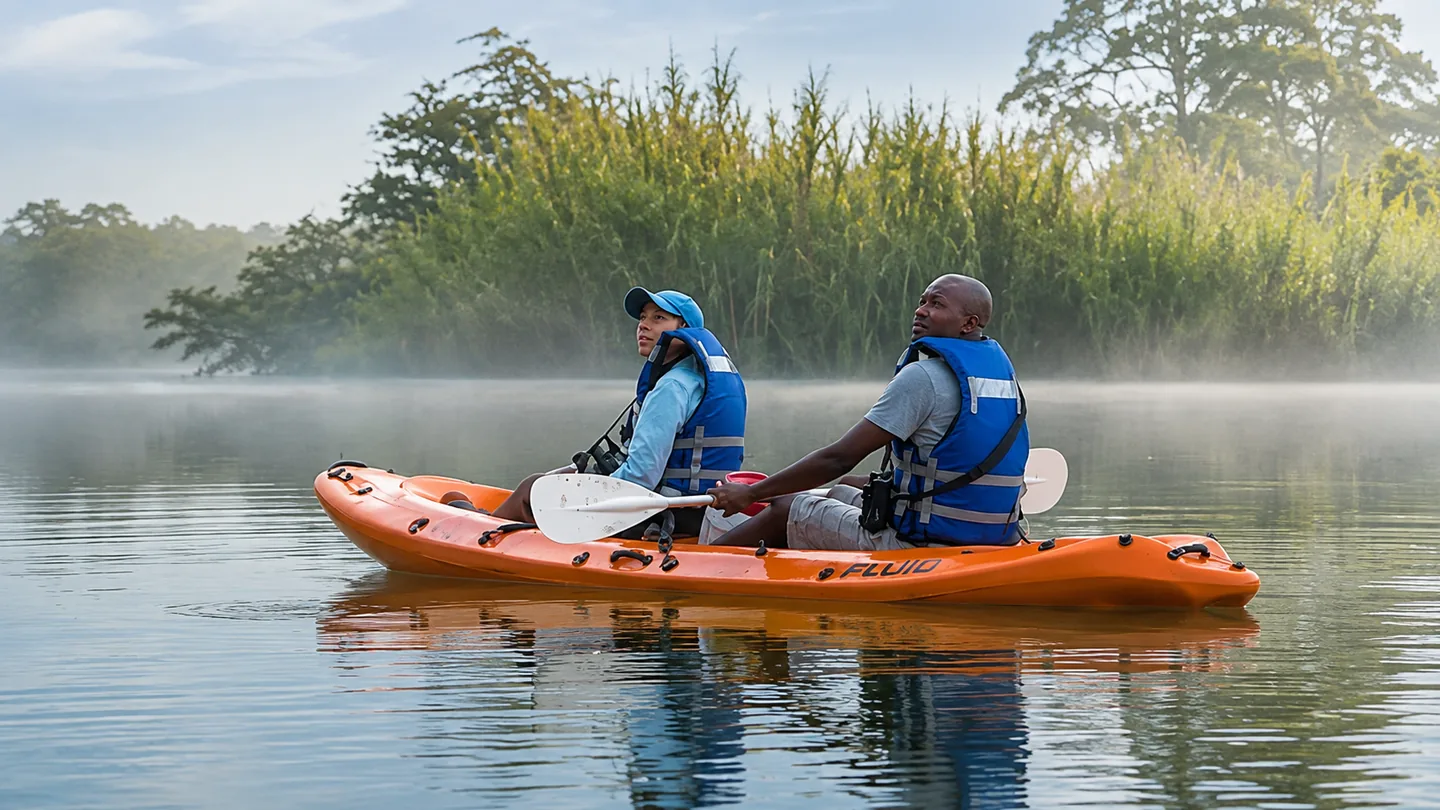 Two guests kayaking on calm water in the misty morning